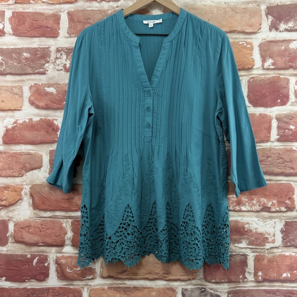 Chicos Top Women's 14 Blue Boho Floral Embroidered Pleated Casual Tunic Shirt
